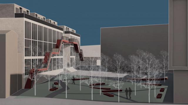 Projekt Za divadlem: polyfunkčnímu objektu dominuje manufaktura, připojena je však i kavárna, posilovna. Horní podlaží nabízí bydlení (lokalita: za Městským divadlem) | Autor: Marie Mikulová, Radka Šujanová