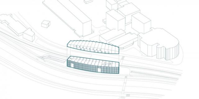 Projekt Pásovec: manufaktura tvarem reaguje na křivku řeky, linii vlakových kolejí a malou šířku stavebního prostoru na Benešově nábřeží | Autor: Šimon Doubrava, Kristián Zámečník