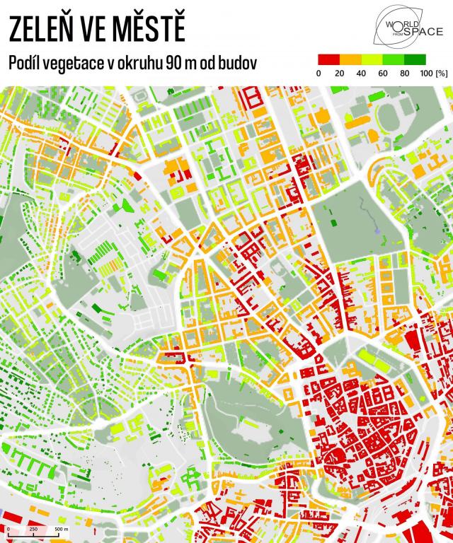 Teplotní mapa brněnských domů podle vzdálenosti od vegetace | Autor: Archiv World from Space