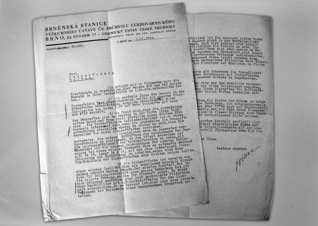 Excerpt from correspondence between J. Dědek from the Brno station of VÚČSPC – letter to the Uničov sugar factory (1933). | Author: Archives of Daniel Froněk, LCaŘ 128, no. 1, January 2012