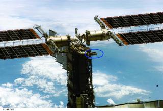 A narrow-band transponder (marked with a blue circle) for slow data communication on the International Space Station (ISS), the receiving part of which was designed and implemented by M. Kasal together with PhD students from BUT. | Author: M. Kasal archives